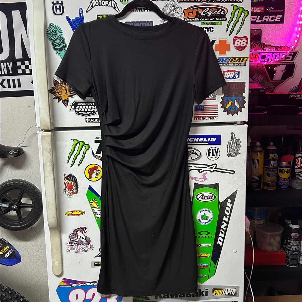Black Ribbed Faux Wrap Mini Dress (M)